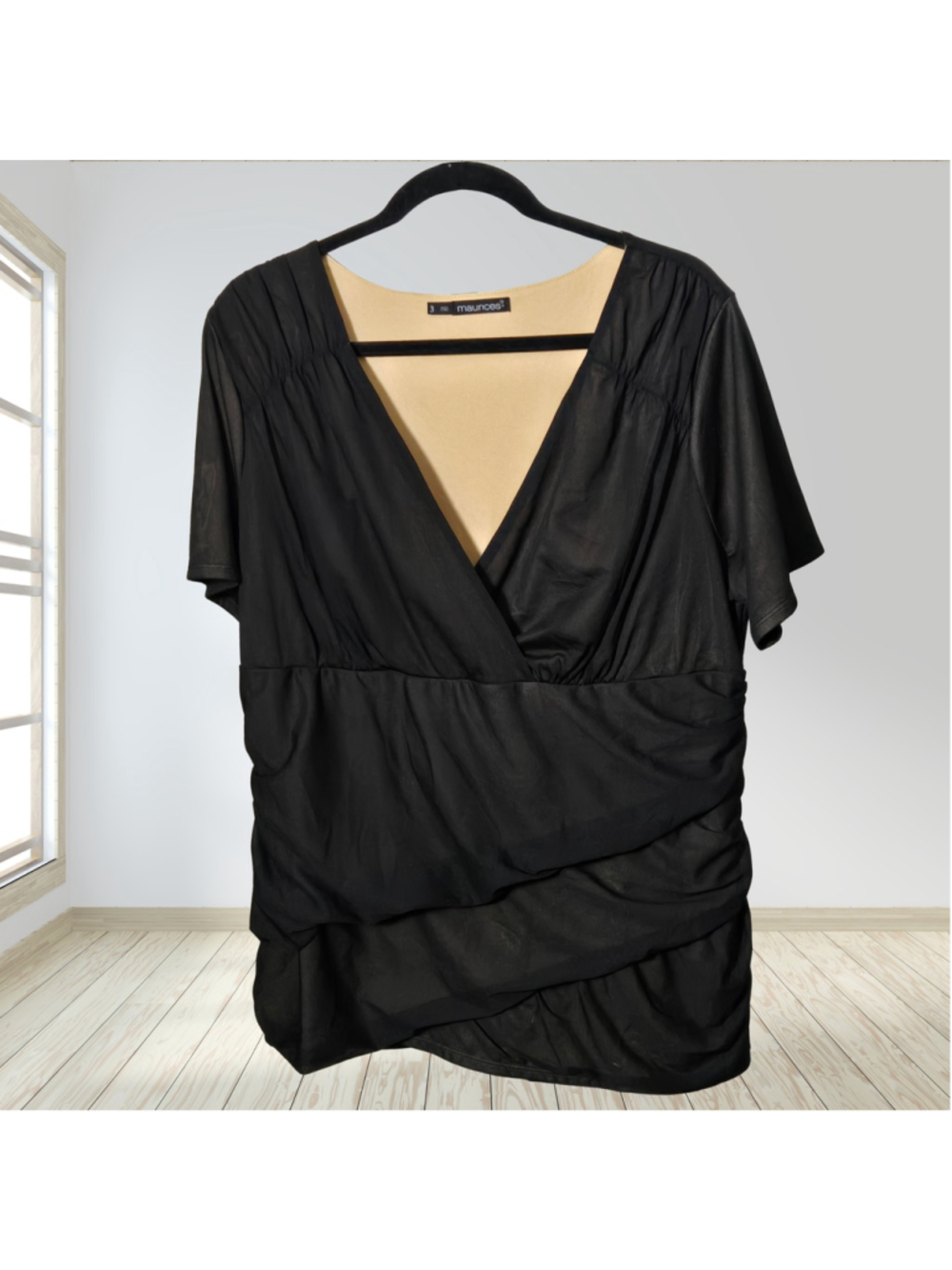 Maurices Plus Size 3 3X Black Ruched Surplice Faux Wrap V Neck Top